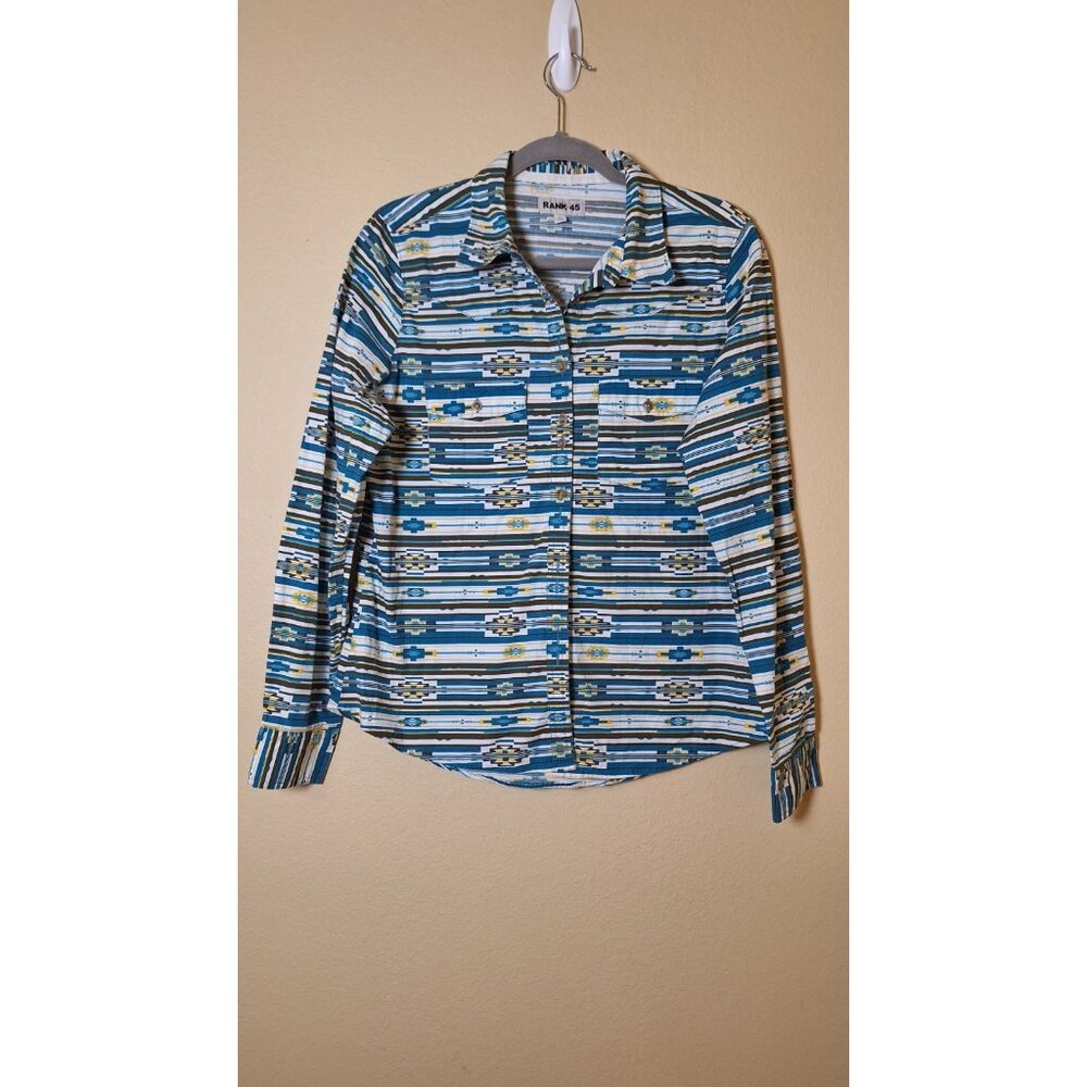 Rank 45 Teal Long Sleeve Button Up Shirt Size L Western Rodeo Aztec Geometric